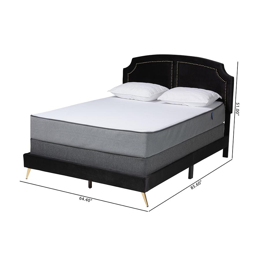 Oxley Traditional Glam and Luxe Black Velvet and Gold Metal Queen Size Panel Bed. Picture 9