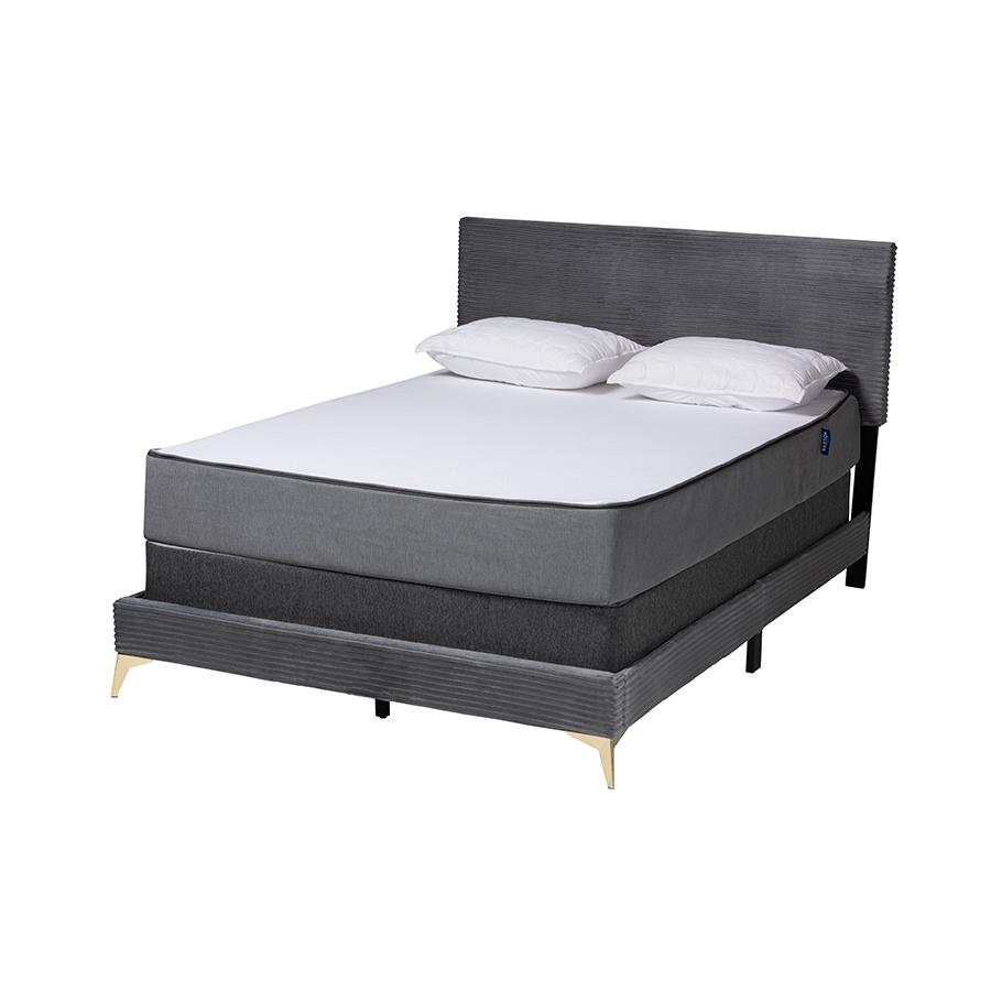 Abberton Modern and Contemporary Grey Velvet and Gold Metal Queen Size Panel Bed. Picture 1