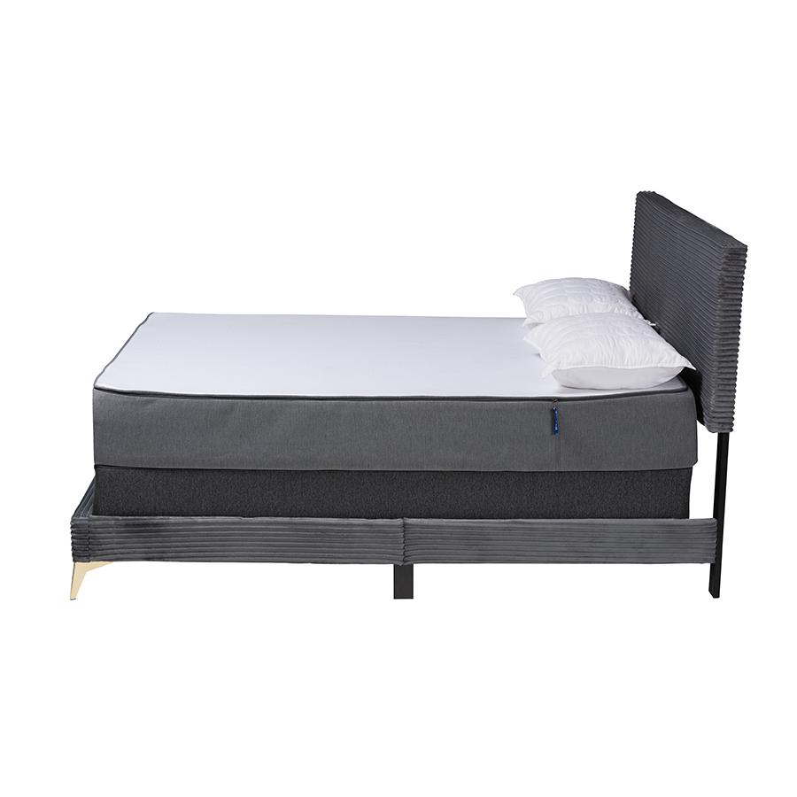 Abberton Modern and Contemporary Grey Velvet and Gold Metal Queen Size Panel Bed. Picture 2