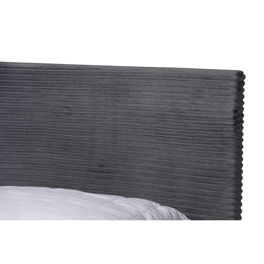 Abberton Modern and Contemporary Grey Velvet and Gold Metal Queen Size Panel Bed. Picture 4