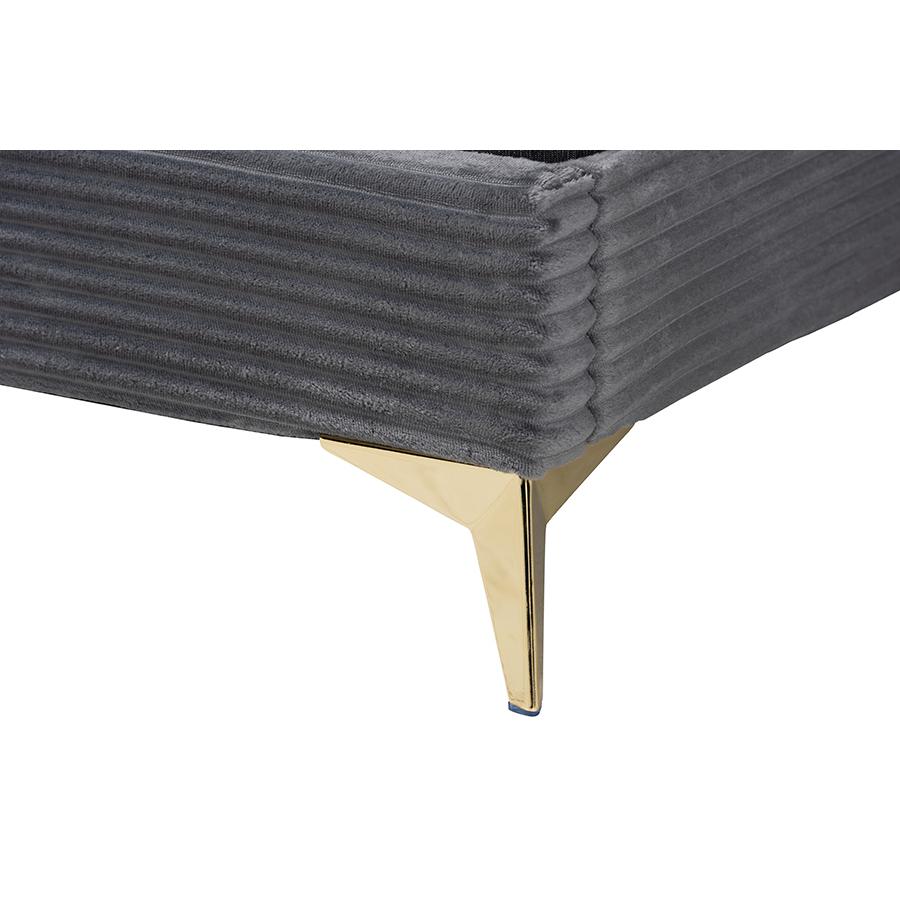 Abberton Modern and Contemporary Grey Velvet and Gold Metal Queen Size Panel Bed. Picture 5