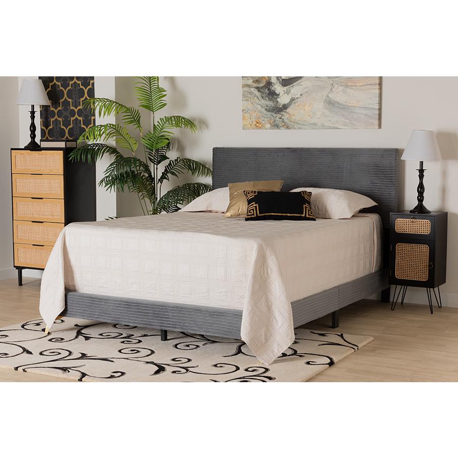 Abberton Modern and Contemporary Grey Velvet and Gold Metal Queen Size Panel Bed. Picture 7