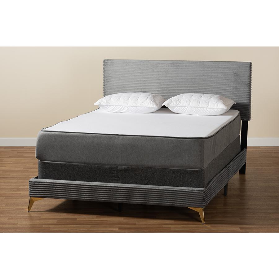 Abberton Modern and Contemporary Grey Velvet and Gold Metal Queen Size Panel Bed. Picture 8