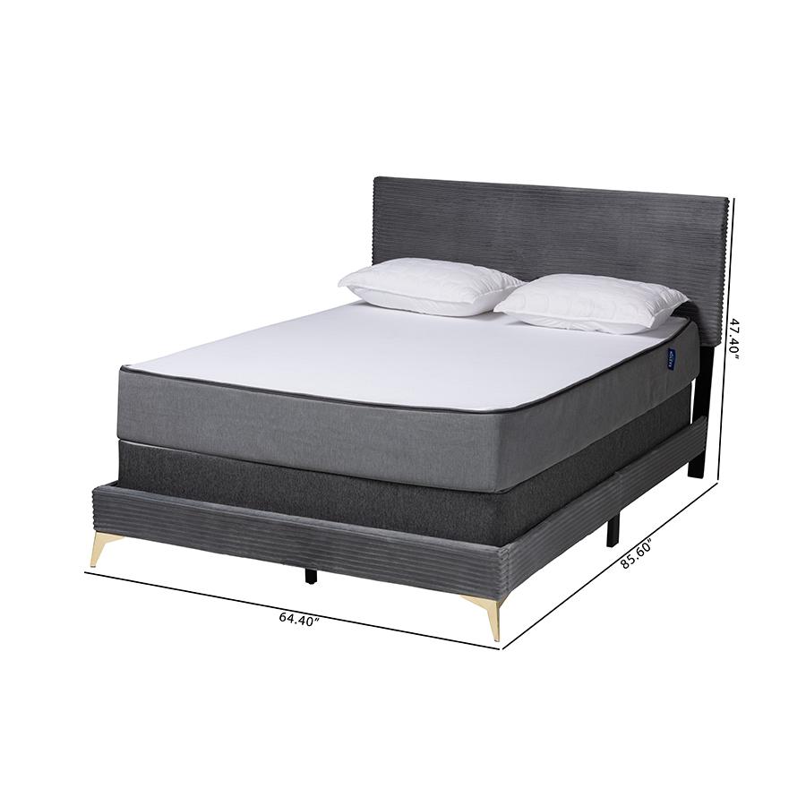 Abberton Modern and Contemporary Grey Velvet and Gold Metal Queen Size Panel Bed. Picture 9