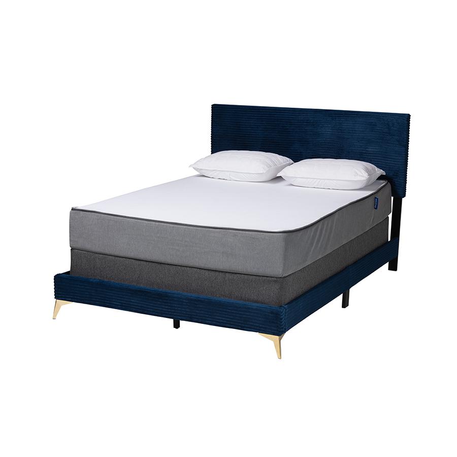 Navy Blue Velvet and Gold Metal Queen Size Panel Bed. Picture 1