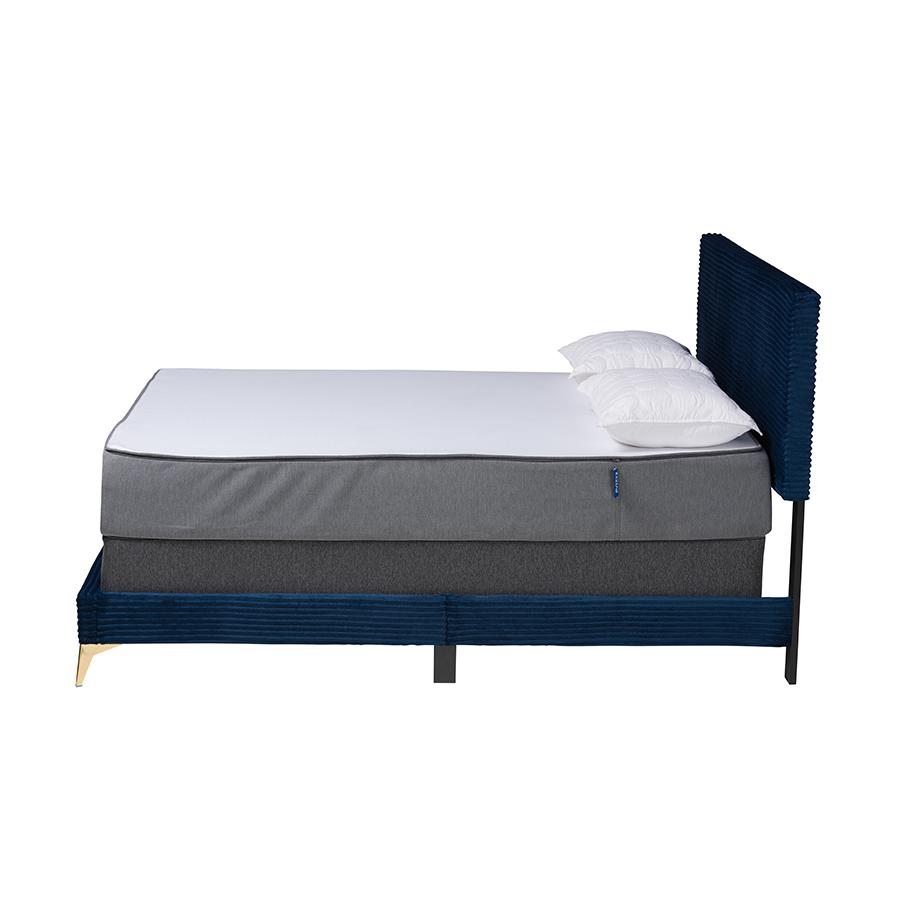 Navy Blue Velvet and Gold Metal Queen Size Panel Bed. Picture 2
