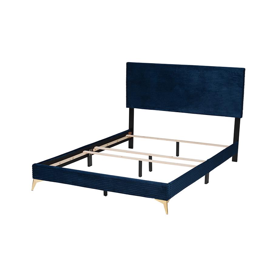 Navy Blue Velvet and Gold Metal Queen Size Panel Bed. Picture 3