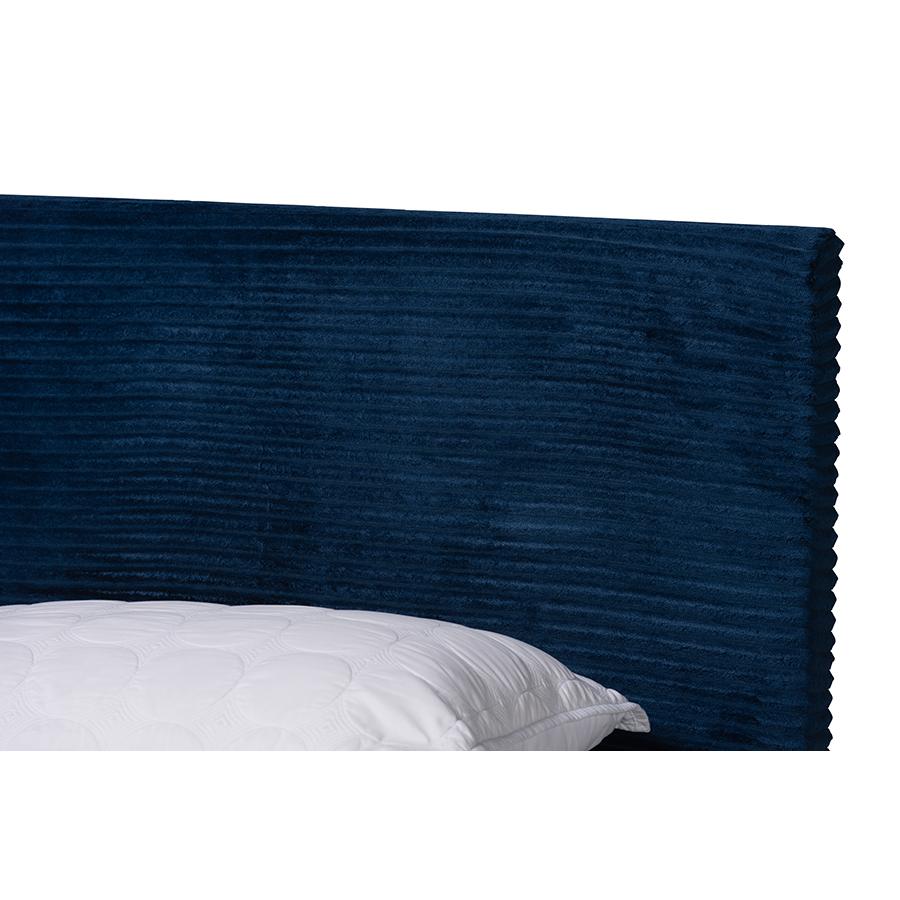 Navy Blue Velvet and Gold Metal Queen Size Panel Bed. Picture 4
