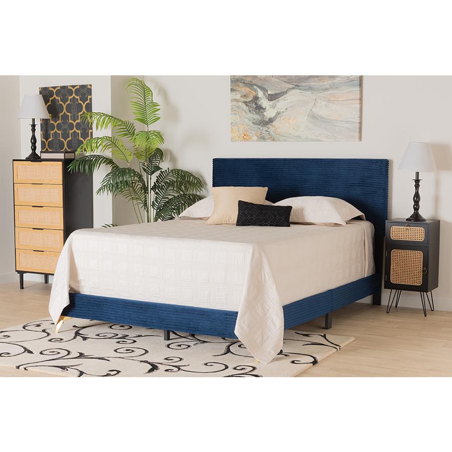 Navy Blue Velvet and Gold Metal Queen Size Panel Bed. Picture 7
