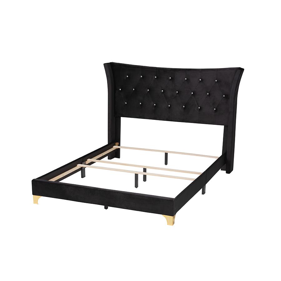 Glam and Luxe Black Velvet and Gold Metal Queen Size Panel Bed. Picture 3