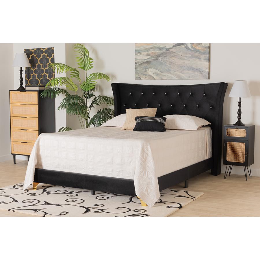 Glam and Luxe Black Velvet and Gold Metal Queen Size Panel Bed. Picture 7