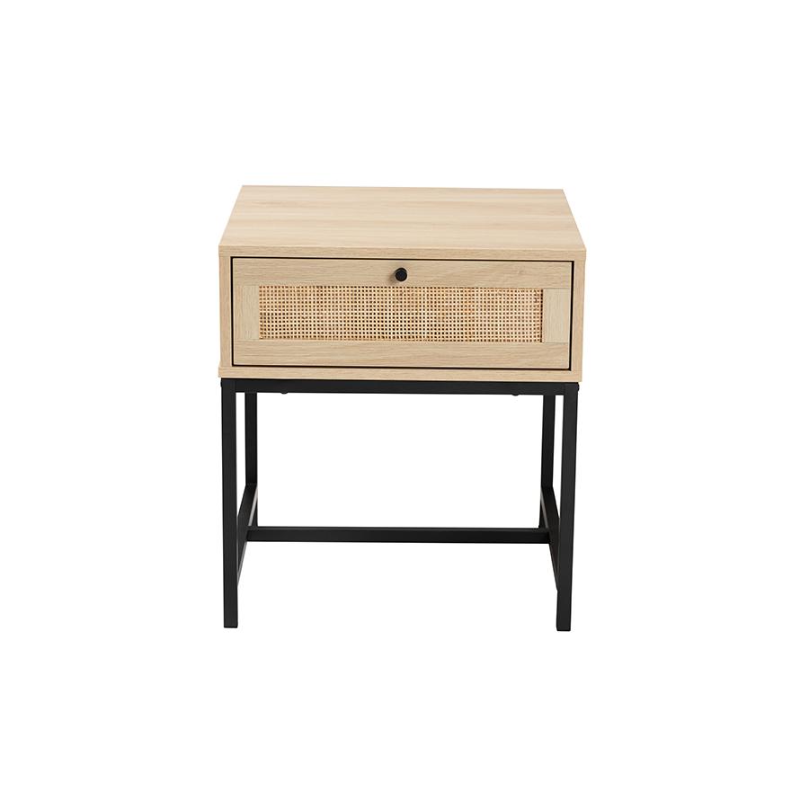 Baxton Studio Caterina Mid-Century Modern Transitional Natural Brown Finished Wood and Natural Rattan 1-Drawer Nightstand. Picture 3