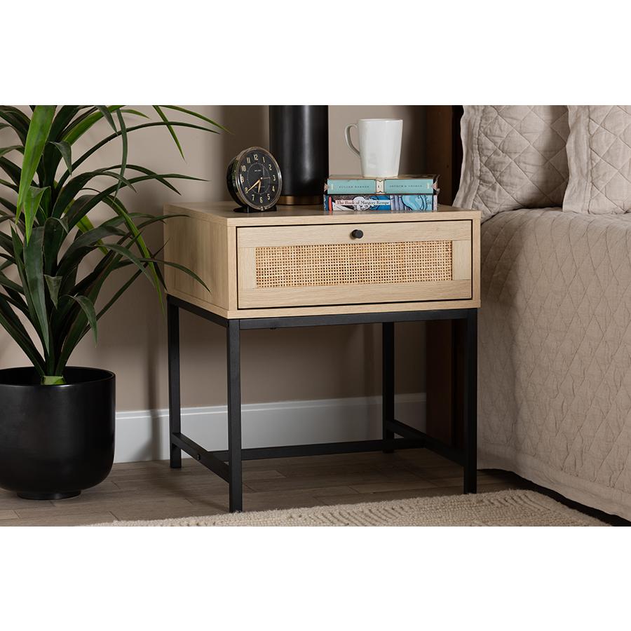 Baxton Studio Caterina Mid-Century Modern Transitional Natural Brown Finished Wood and Natural Rattan 1-Drawer Nightstand. Picture 8