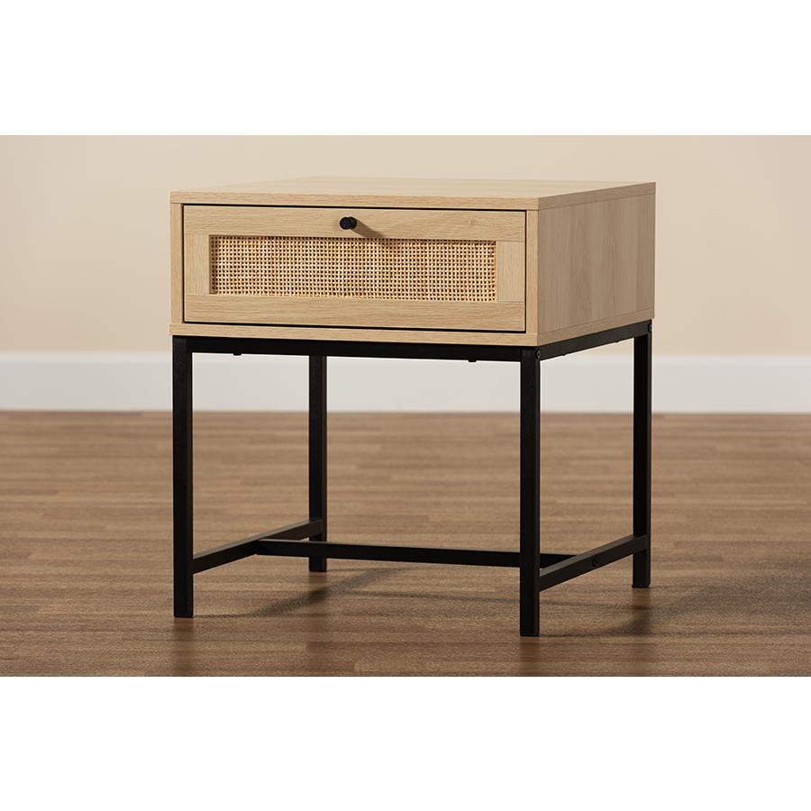 Baxton Studio Caterina Mid-Century Modern Transitional Natural Brown Finished Wood and Natural Rattan 1-Drawer Nightstand. Picture 9