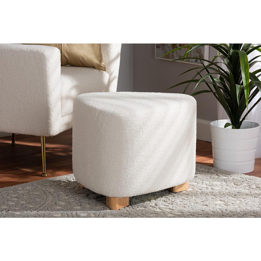 Ivory Boucle Upholstered and Natural Brown Finished Wood Ottoman. Picture 6