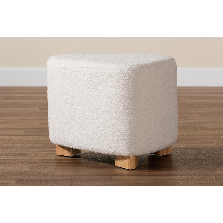 Ivory Boucle Upholstered and Natural Brown Finished Wood Ottoman. Picture 7