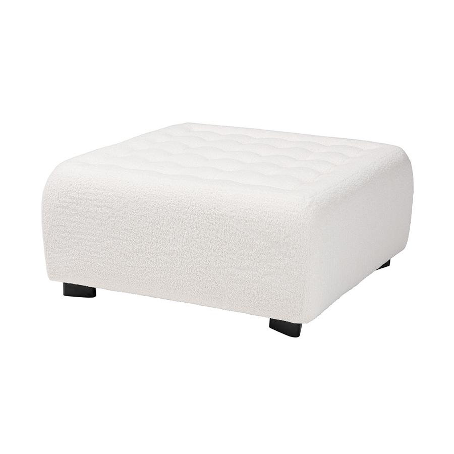 Ivory Boucle Upholstered and Black Finished Wood Square Ottoman. Picture 1