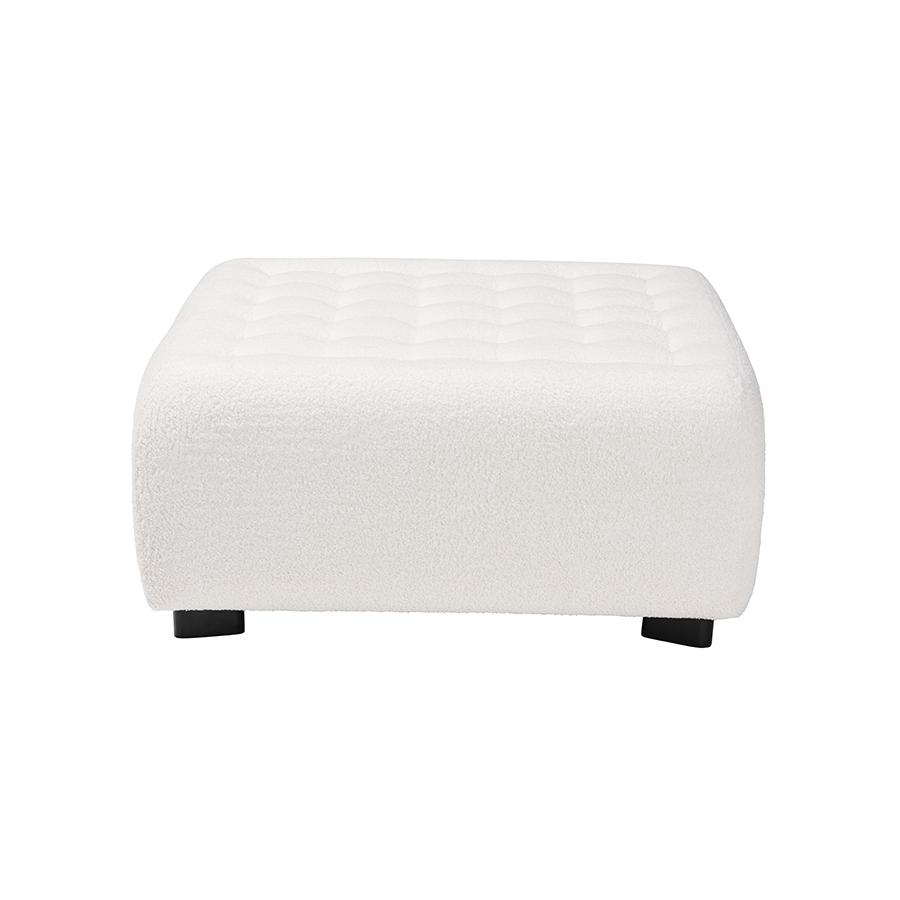 Ivory Boucle Upholstered and Black Finished Wood Square Ottoman. Picture 2