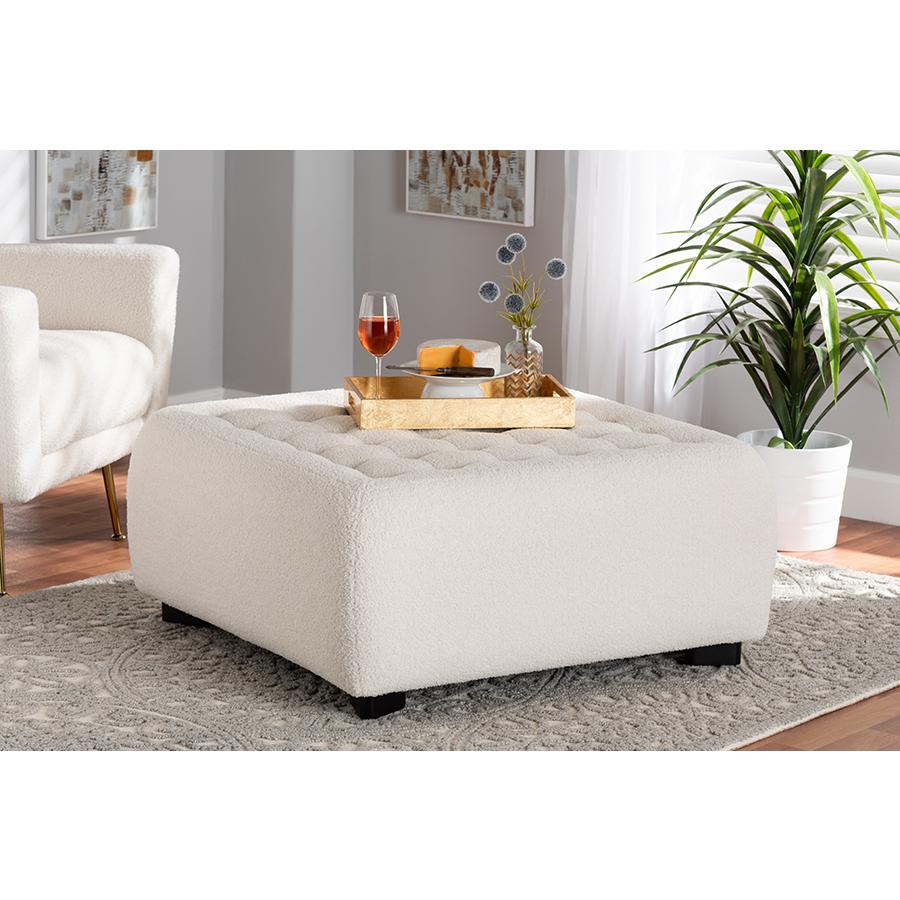 Ivory Boucle Upholstered and Black Finished Wood Square Ottoman. Picture 6