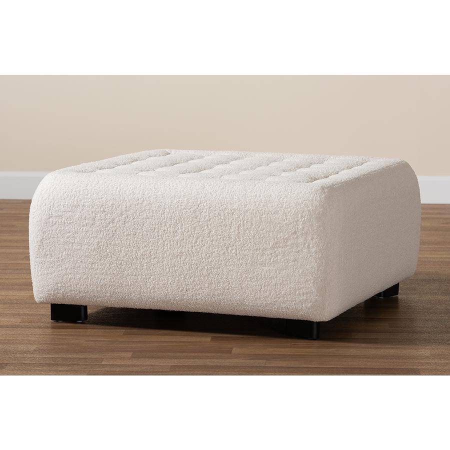 Ivory Boucle Upholstered and Black Finished Wood Square Ottoman. Picture 7
