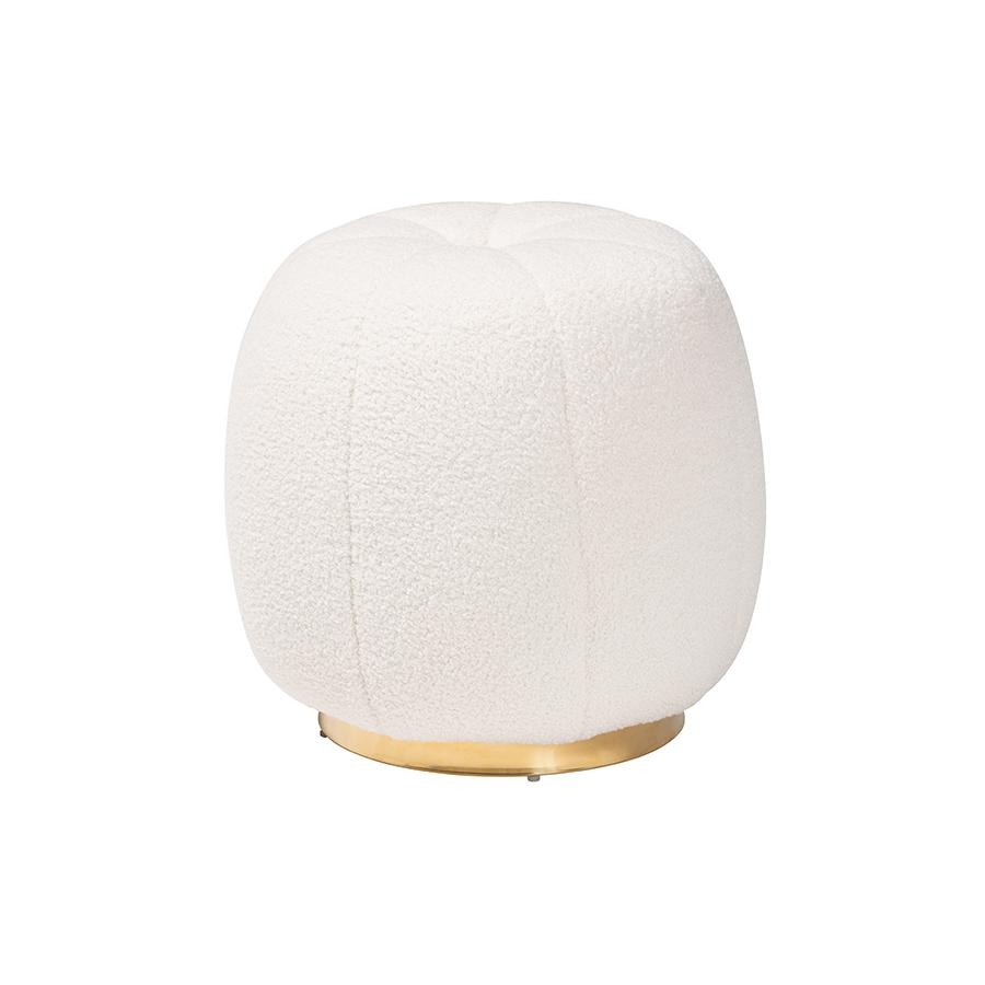 Raelynn Modern and Contemporary Ivory Boucle Upholstered and Gold Metal Ottoman. Picture 1