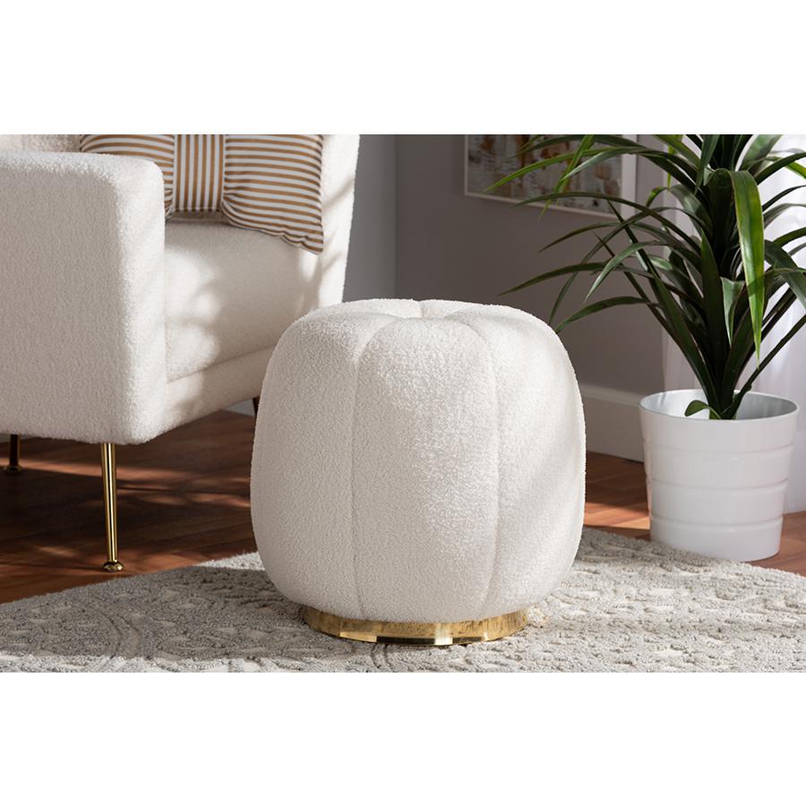Raelynn Modern and Contemporary Ivory Boucle Upholstered and Gold Metal Ottoman. Picture 5