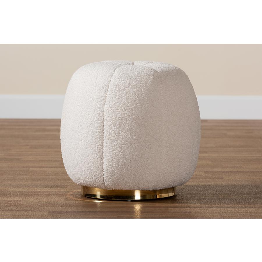 Raelynn Modern and Contemporary Ivory Boucle Upholstered and Gold Metal Ottoman. Picture 6