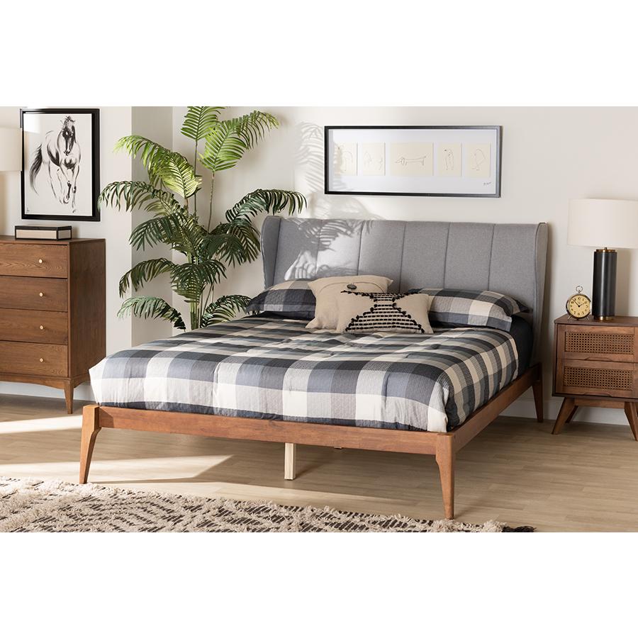 Transitional Light Grey Fabric and Ash Walnut Finished Wood Queen Size Bed. Picture 7