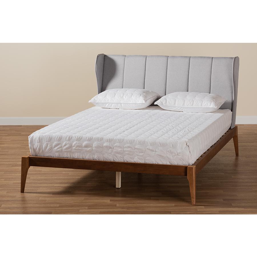 Transitional Light Grey Fabric and Ash Walnut Finished Wood Queen Size Bed. Picture 8
