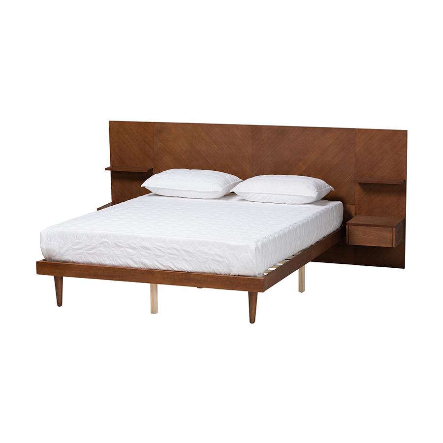Walnut Finished Wood Queen Size Platform Storage Bed with Built-In Nightstands. Picture 1