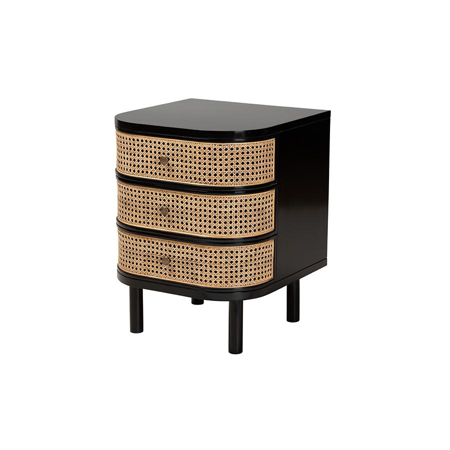 Bohemian Black Bayur Wood and Natural Rattan 3-Drawer End Table Nightstand. Picture 1