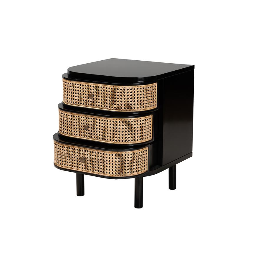 Bohemian Black Bayur Wood and Natural Rattan 3-Drawer End Table Nightstand. Picture 2