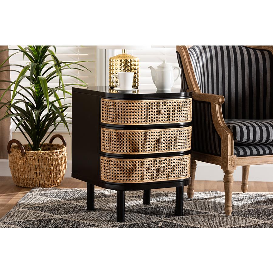 Bohemian Black Bayur Wood and Natural Rattan 3-Drawer End Table Nightstand. Picture 8