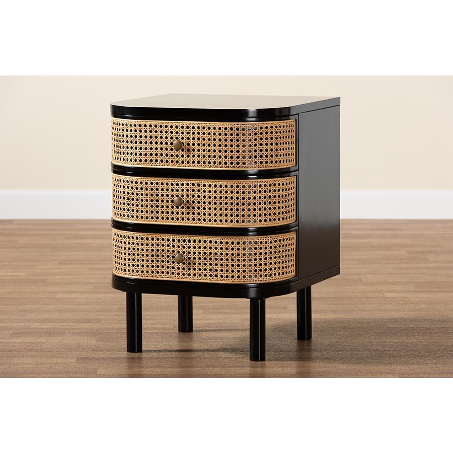 Bohemian Black Bayur Wood and Natural Rattan 3-Drawer End Table Nightstand. Picture 9