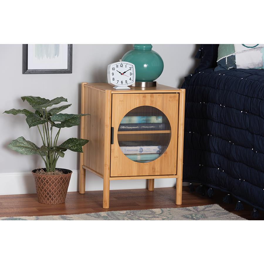Transitional Natural Brown Bamboo Wood 1-Door End Table. Picture 8