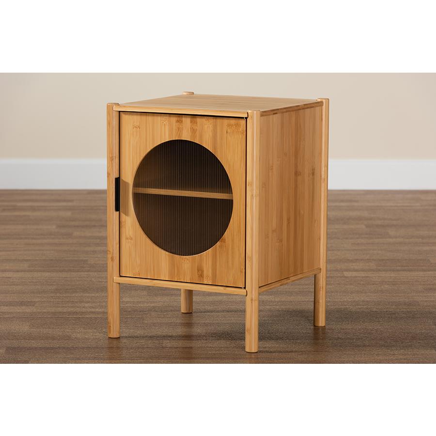 Transitional Natural Brown Bamboo Wood 1-Door End Table. Picture 9