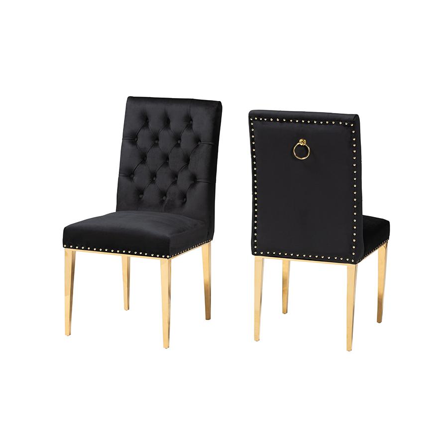 Glam and Luxe Black Velvet Fabric and Gold Metal 2-Piece Dining Chair Set. Picture 1