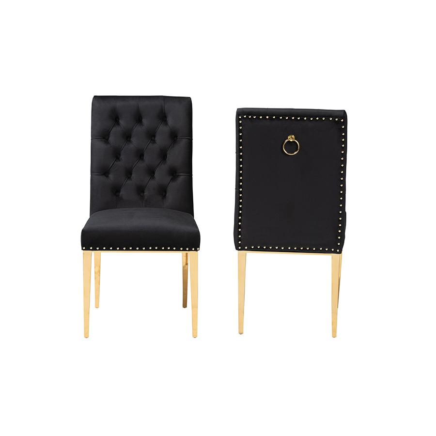 Glam and Luxe Black Velvet Fabric and Gold Metal 2-Piece Dining Chair Set. Picture 2
