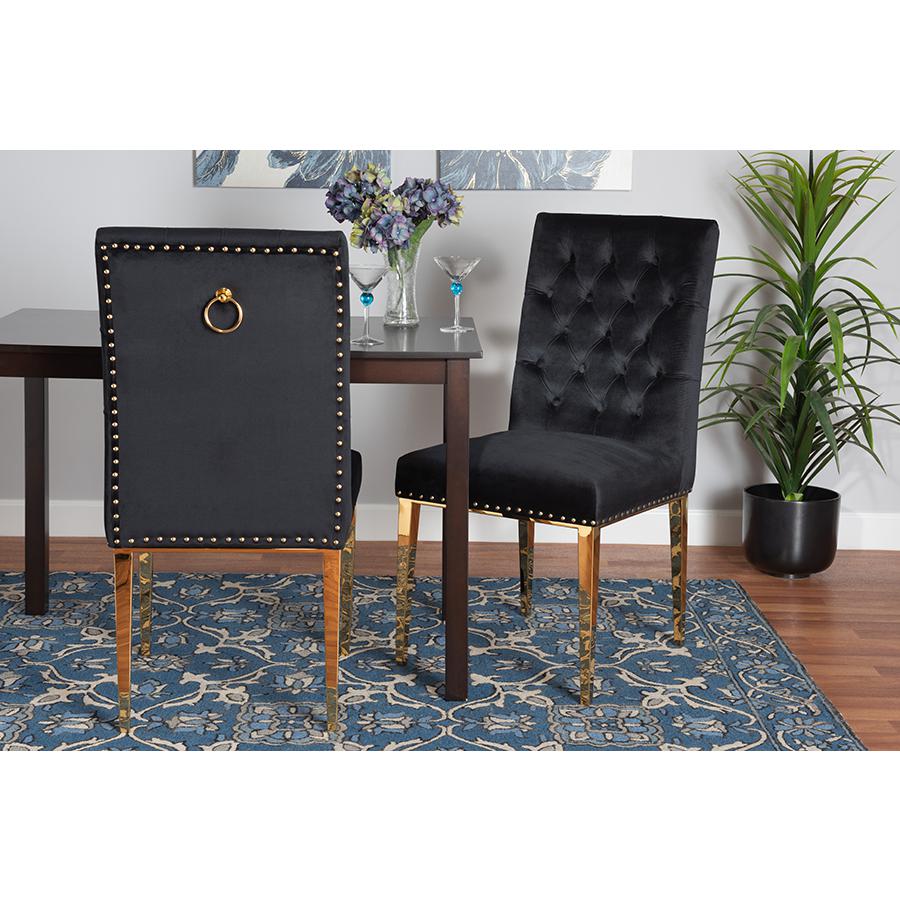 Glam and Luxe Black Velvet Fabric and Gold Metal 2-Piece Dining Chair Set. Picture 8