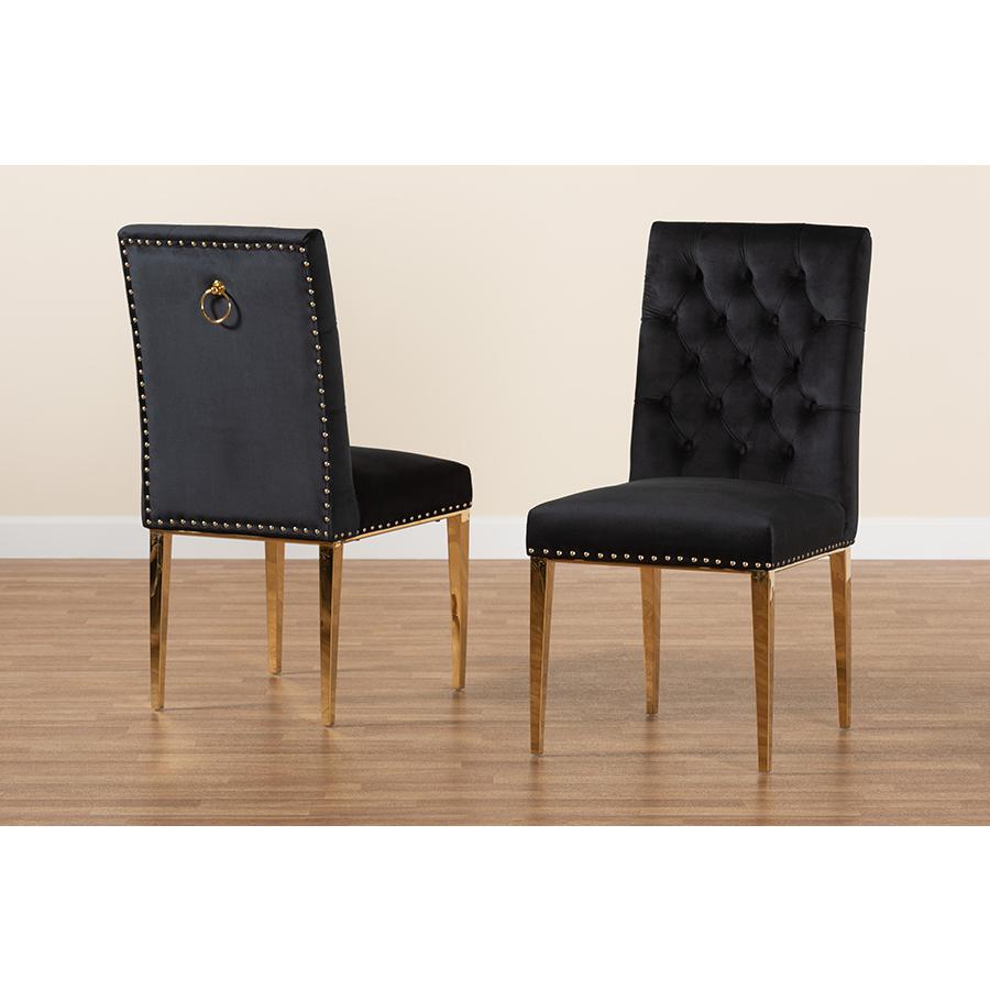 Glam and Luxe Black Velvet Fabric and Gold Metal 2-Piece Dining Chair Set. Picture 9