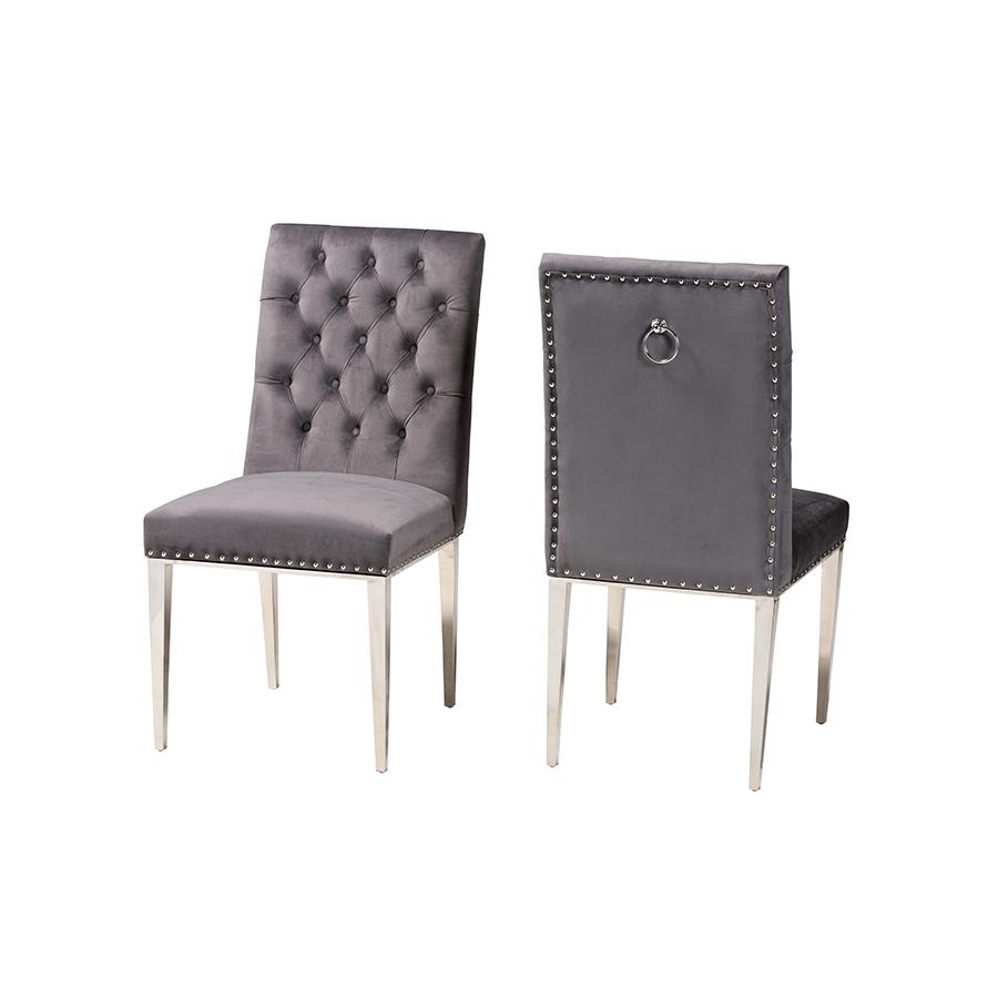 Glam and Luxe Grey Velvet Fabric and Silver Metal 2-Piece Dining Chair Set. Picture 1