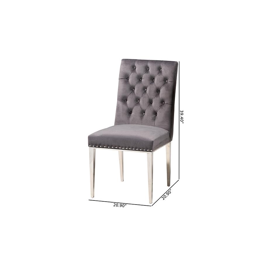 Glam and Luxe Grey Velvet Fabric and Silver Metal 2-Piece Dining Chair Set. Picture 10