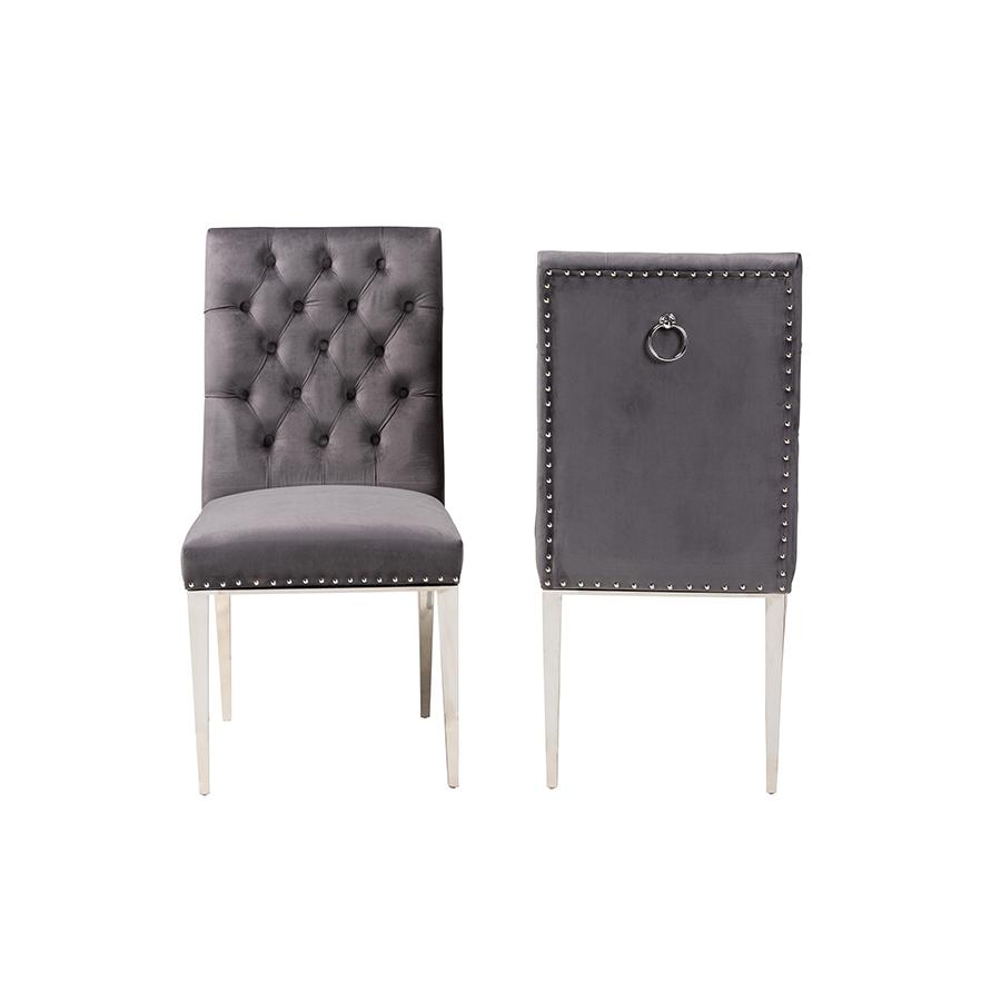 Glam and Luxe Grey Velvet Fabric and Silver Metal 2-Piece Dining Chair Set. Picture 2