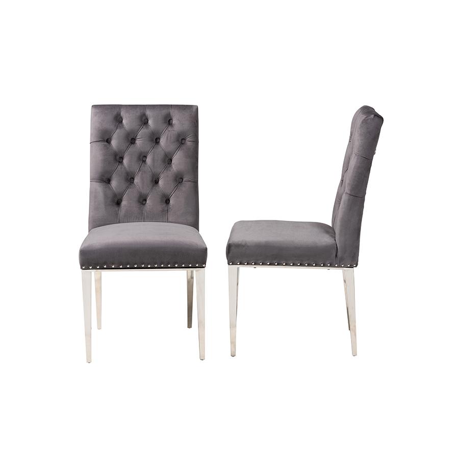 Glam and Luxe Grey Velvet Fabric and Silver Metal 2-Piece Dining Chair Set. Picture 3