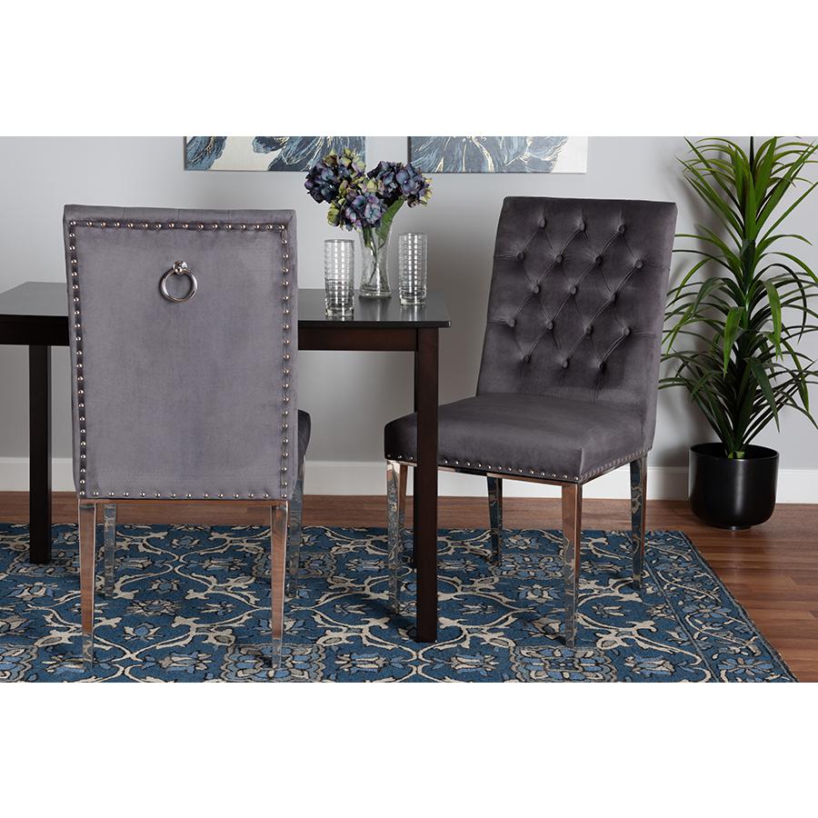 Glam and Luxe Grey Velvet Fabric and Silver Metal 2-Piece Dining Chair Set. Picture 8