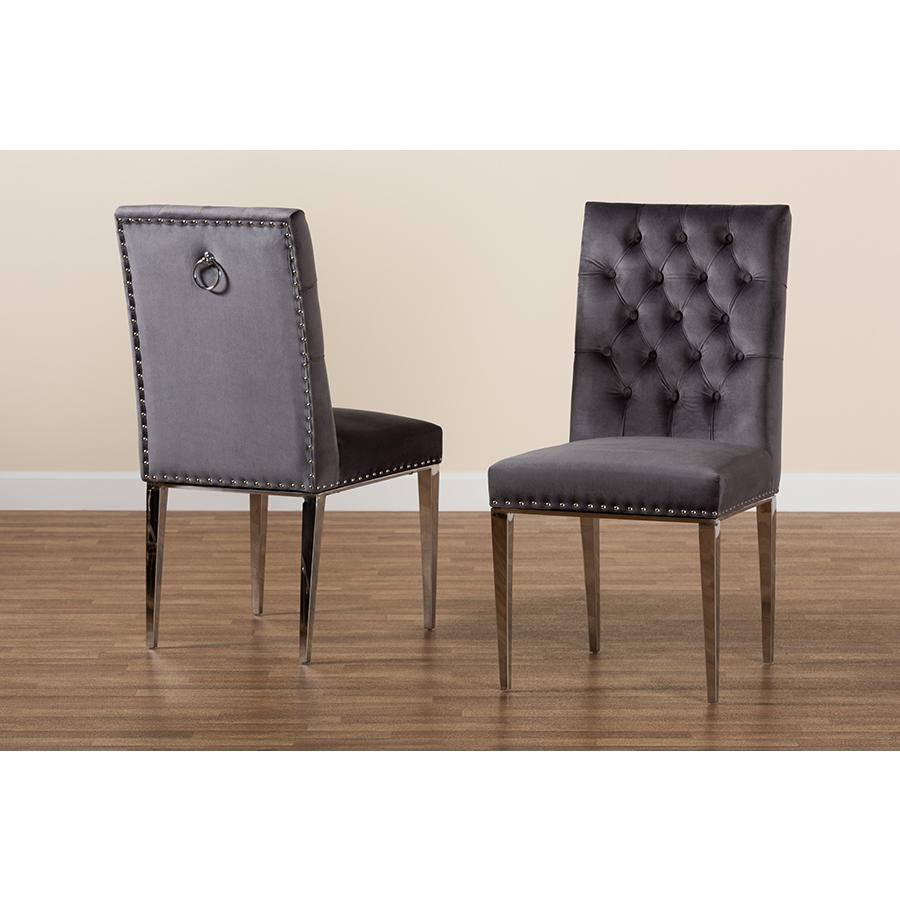 Glam and Luxe Grey Velvet Fabric and Silver Metal 2-Piece Dining Chair Set. Picture 9