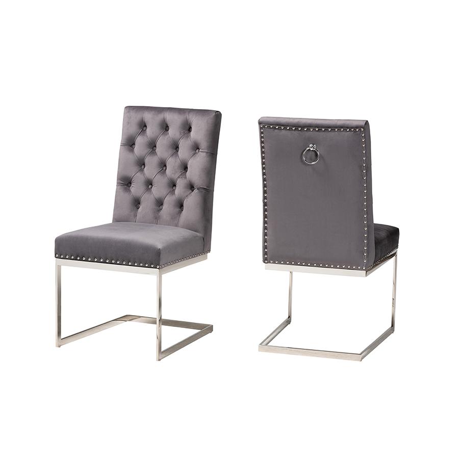 Glam and Luxe Grey Velvet Fabric and Silver Metal 2-Piece Dining Chair Set. Picture 1