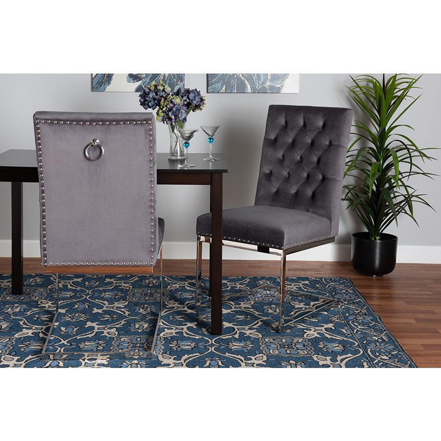 Glam and Luxe Grey Velvet Fabric and Silver Metal 2-Piece Dining Chair Set. Picture 8