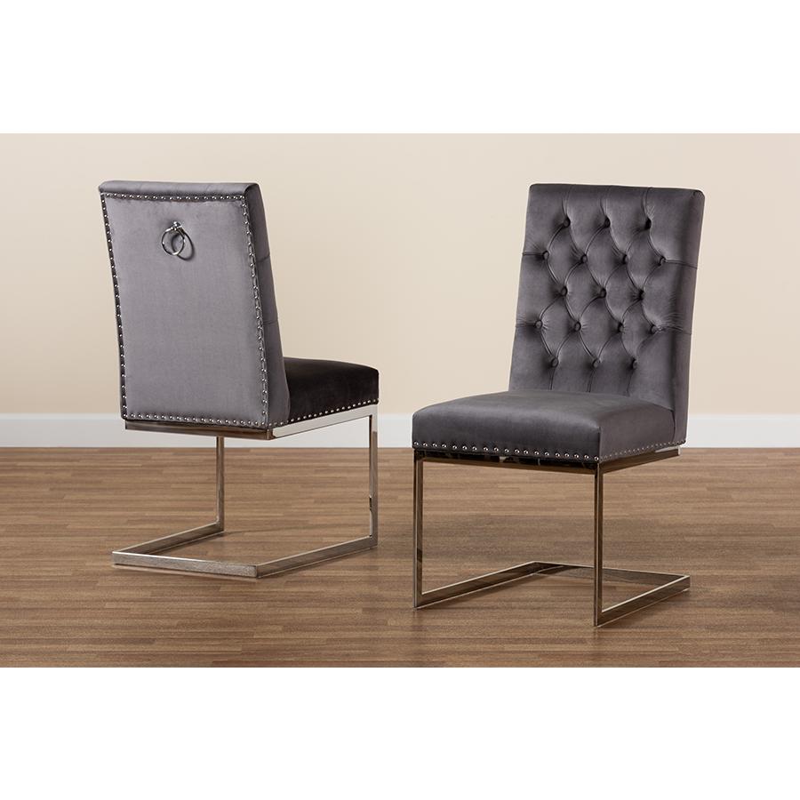 Glam and Luxe Grey Velvet Fabric and Silver Metal 2-Piece Dining Chair Set. Picture 9