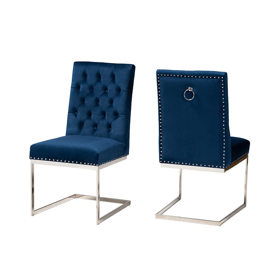 Glam and Luxe Navy Blue Velvet Fabric and Silver Metal 2-Piece Dining Chair Set. Picture 1